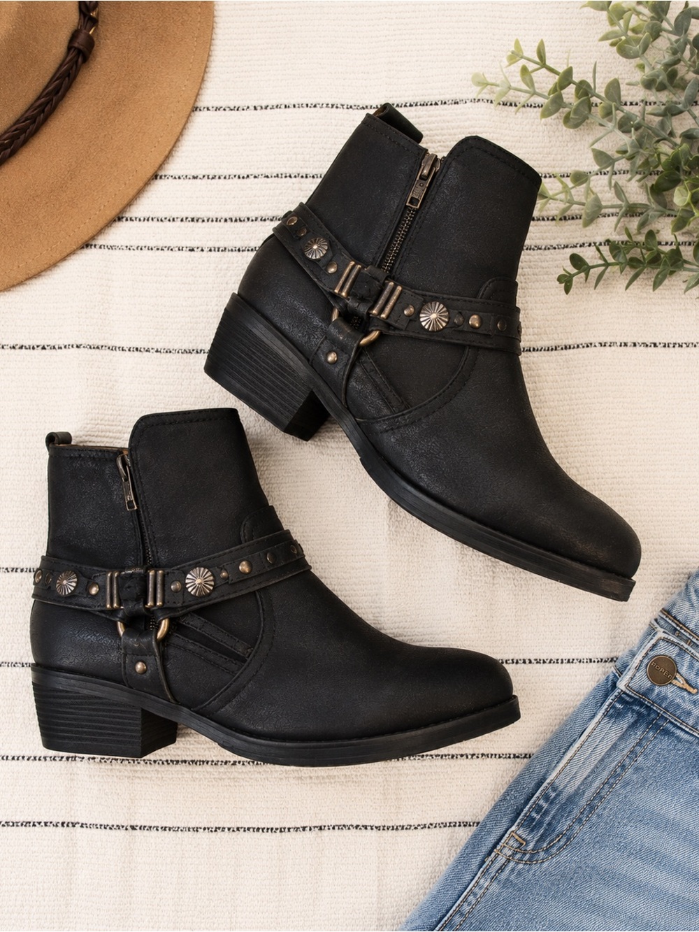 Roper Black Western Moto Ankle Boots Studded Harness Side Zip Women’s